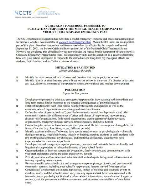 A CHECKLIST FOR SCHOOL PERSONNEL TO EVALUATE AND IMPLEMENT THE MENTAL HEALTH COMPONENT OF YOUR SCHOOL CRISIS AND EMERGENCY PLAN