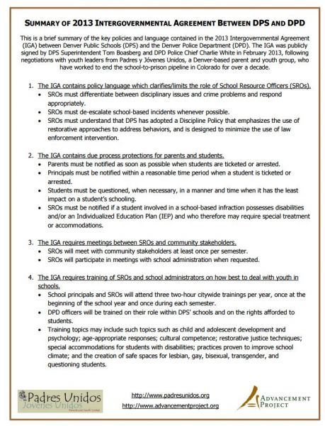 SUMMARY OF 2013 INTERGOVERNMENTAL AGREEMENT BETWEEN DPS AND DPD