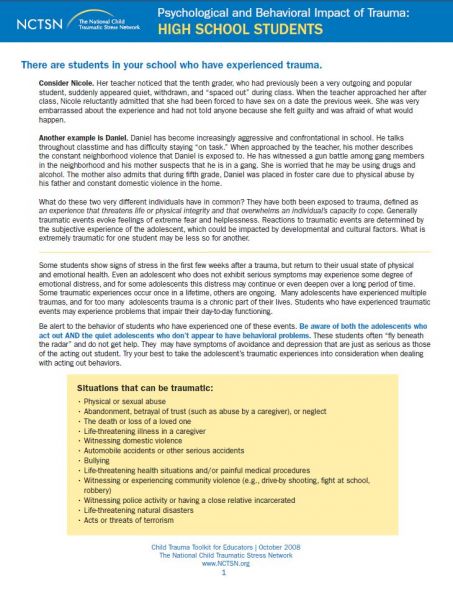 Psychological and Behavioral Impact of Trauma: HIGH SCHOOL STUDENTS