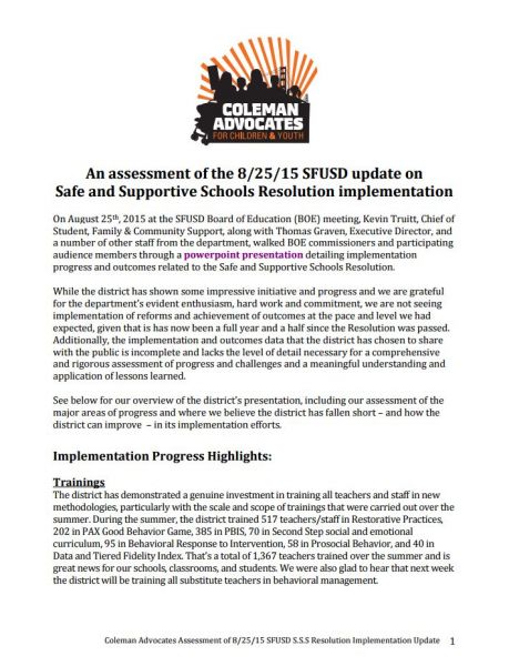 An assessment of the 8/25/15 SFUSD update on Safe and Supportive Schools Resolution implementation